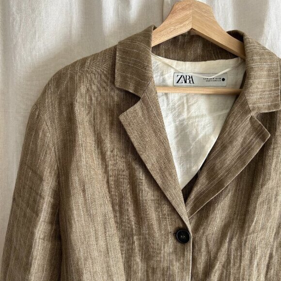 ZARA Linen Beige Striped Blazer Size M - Picture 10 of 11